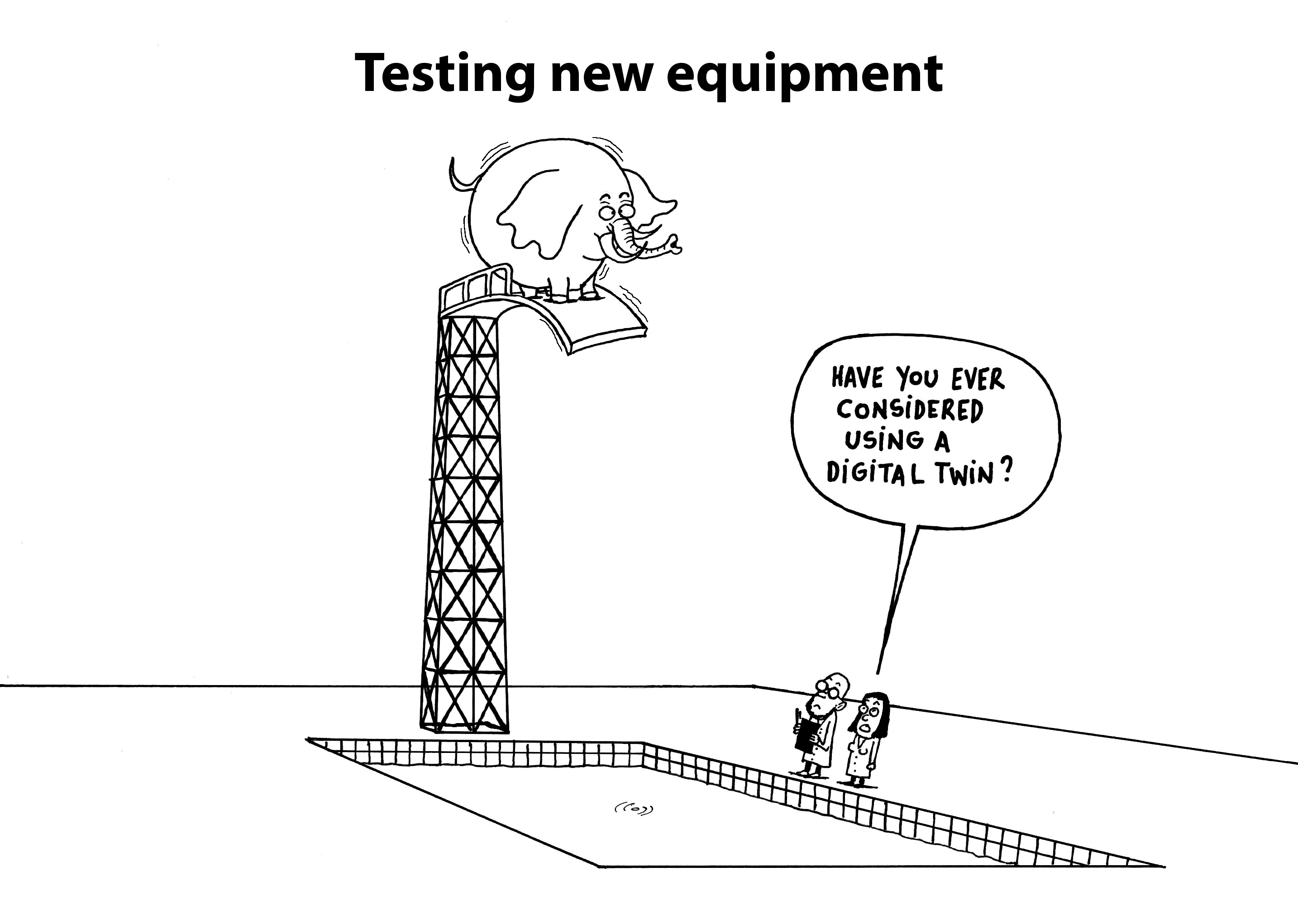 Quality engineer asking for digital twin when seeing swimming pool test using an elephant